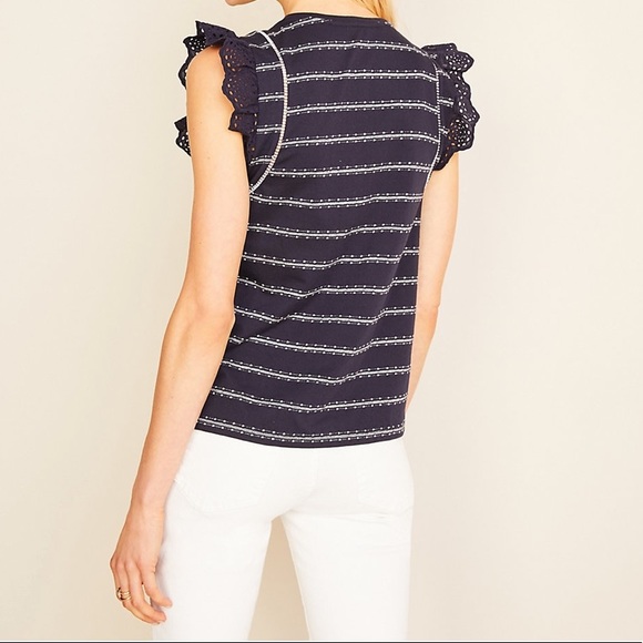 Striped Eyelet Flutter Sleeve Shell - Picture 4 of 9